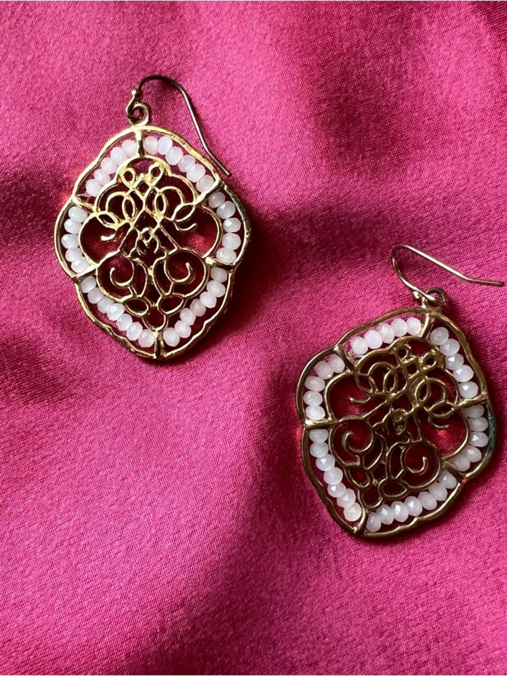 Gold Filigree Drop Earrings with White Bead Accents
